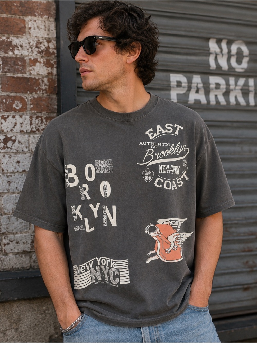 American Garage Brooklyn Graphic Tee Mens Large Gray Boxy Fit NYC Streetwear